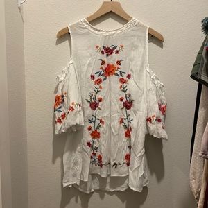 White Cold Shoulder Umgee Blouse with Floral Embroidery